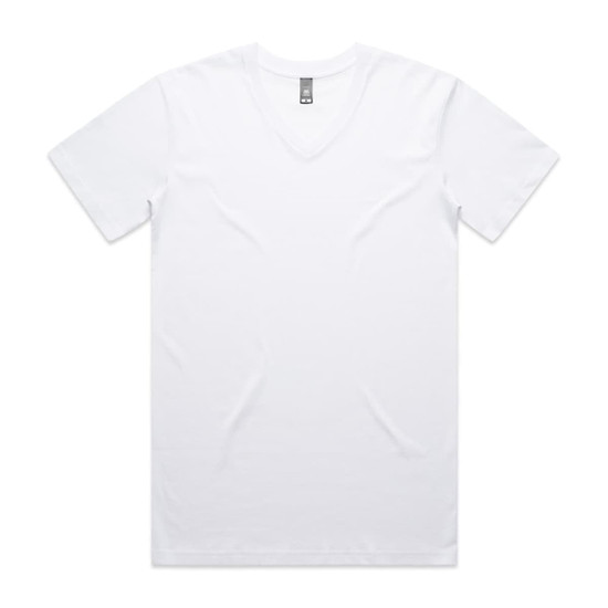 A white V-neck T-shirt featuring short sleeves and a branded label at the neckline.