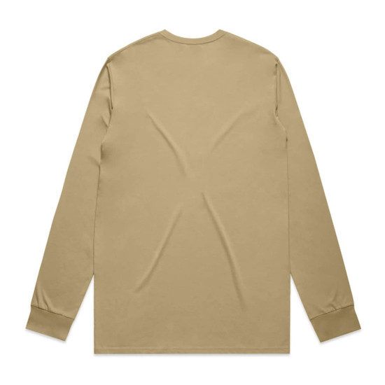 A beige long sleeve t-shirt with a plain back and fitted cuffs, featuring a branding logo.