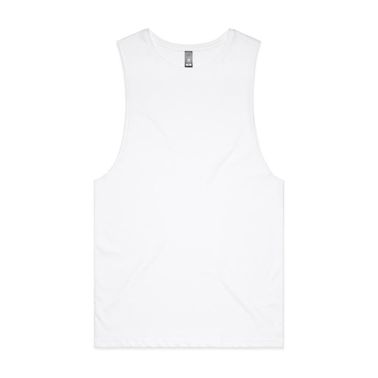 A white singlet tank top featuring a logo, designed for casual wear.