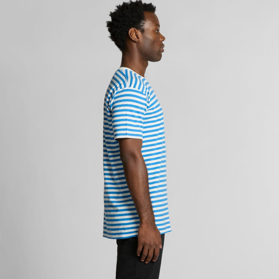 A side view of a blue and white striped t-shirt, featuring a logo on the garment.