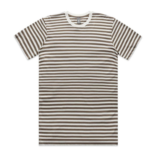 A striped t-shirt featuring alternating brown and white horizontal lines, with a round neckline and short sleeves.