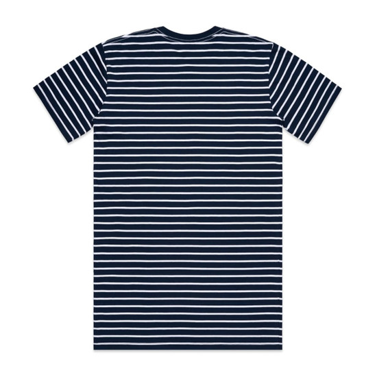 A navy blue and white striped T-shirt with short sleeves and a crew neck, featuring a logo.