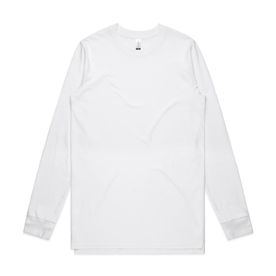 A white long-sleeve t-shirt with a simple design and a logo on the neckline.