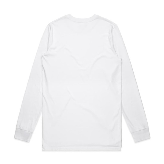 A plain white long-sleeve t-shirt with a simple design and a logo on the back.