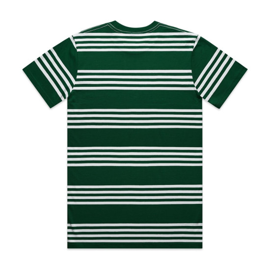 A green T-shirt featuring classic white quad stripes and a logo on the back.