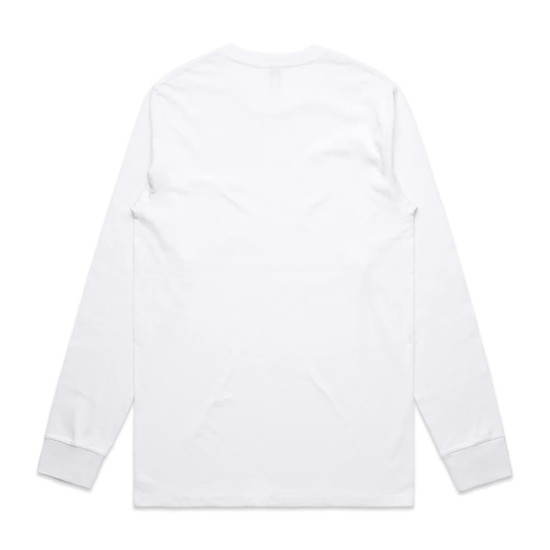 A white long sleeve tee shirt with a plain back and fitted sleeves. It features a small logo on the back neckline.