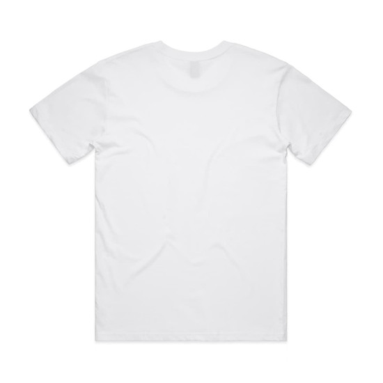 A plain white t-shirt with short sleeves, featuring a logo on the back.