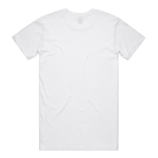 A plain white T-shirt featuring a standard back design and a logo or branding on the inside label.