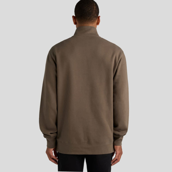 A neutral brown sweater with a stand-up collar and long sleeves, featuring a logo on the back.