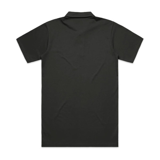 A black polo shirt featuring a collar and short sleeves, with a plain back and a logo.