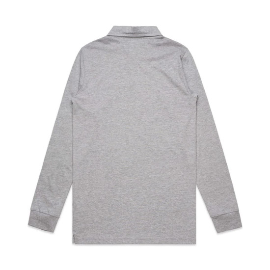 A long-sleeve polo shirt in grey with a collar and cuffs, featuring a logo on the side.