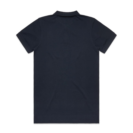 A dark navy polo shirt with a classic collar and short sleeves, featuring a branding logo.
