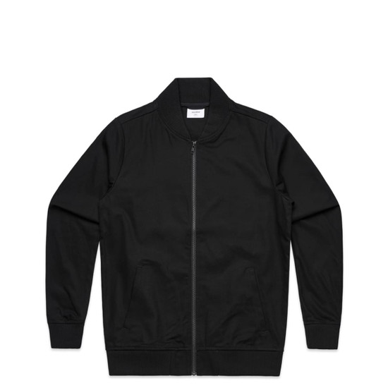 A black bomber jacket with a zip front and ribbed collar and cuffs, featuring a logo.