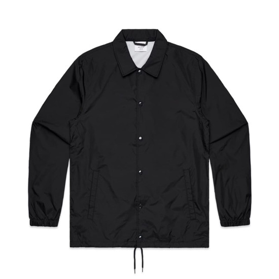 A black coach jacket with a collared neck, snap buttons, and elasticised cuffs. It features a logo on the front.