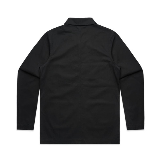 A black Chore Jacket with a collared neckline and long sleeves, featuring a logo on the fabric.