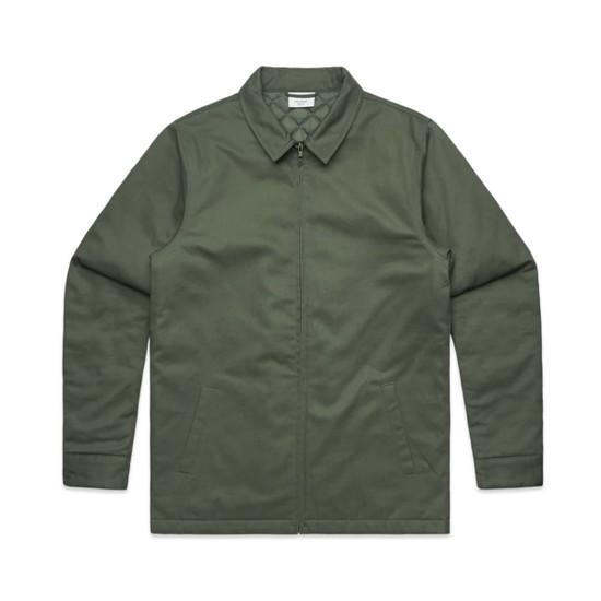 An olive green service jacket with a collar and two side pockets. The jacket features a logo.