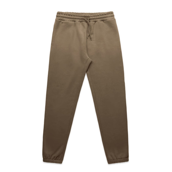 Khaki track pants featuring an elastic waistband and cuffs, alongside a logo. 