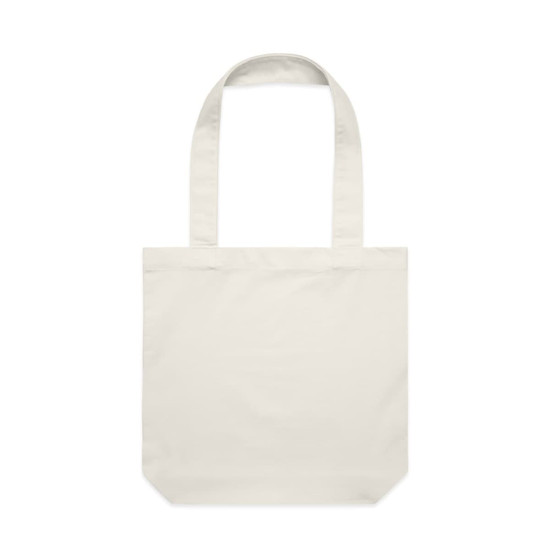 A cream-coloured tote bag with long handles and a minimalist design. It features a logo.