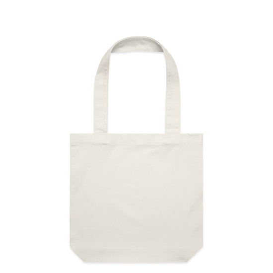 A light cream tote bag with two handles and a simple design. It features a logo on one side.