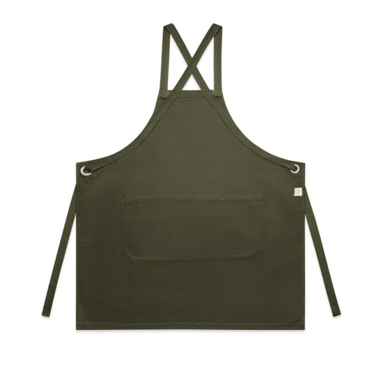 A dark green apron featuring cross-back straps and a front pocket, with a logo on the side.