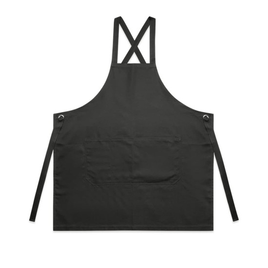 A black apron with a cross-back design and a front pocket, featuring adjustable ties on the sides.