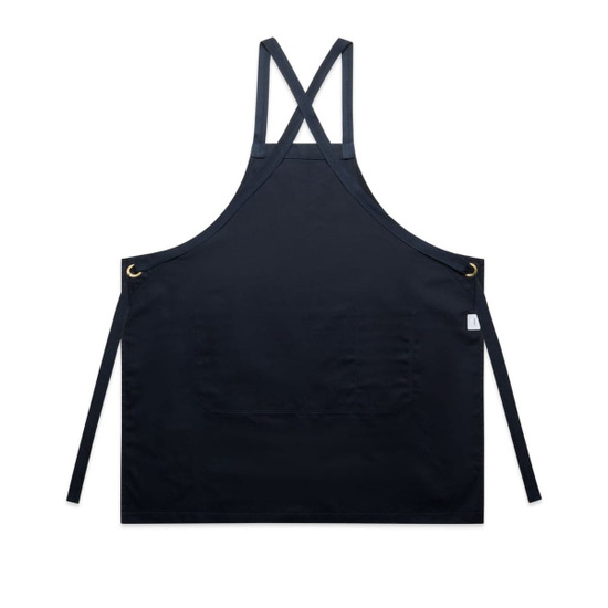 A black apron featuring crossed straps and a large front pocket, with eyelets and ties for fastening.