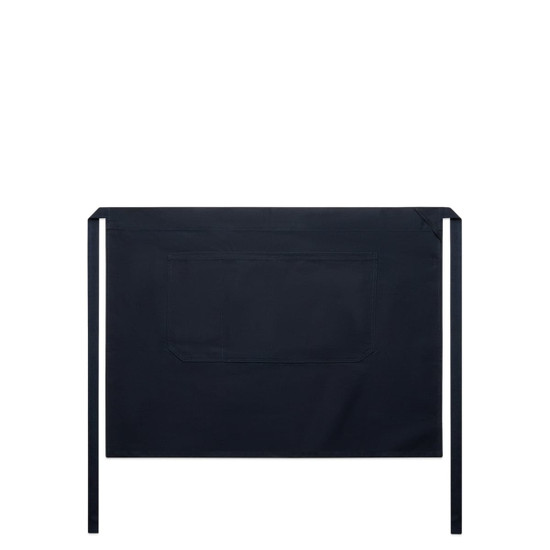 A black Carrie Half Apron featuring a front pocket and ties, designed for workwear use.