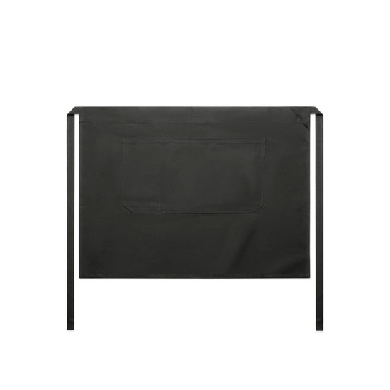 A black half apron featuring a large pocket and fabric ties at the waist. It has a minimalist design with no additional markings.