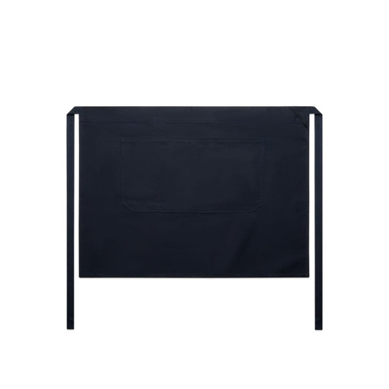 A dark navy half apron featuring a front pocket and ties. It has a simple design with a logo.