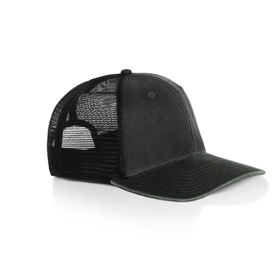 A faded green trucker cap with a mesh back, featuring a logo on the front.