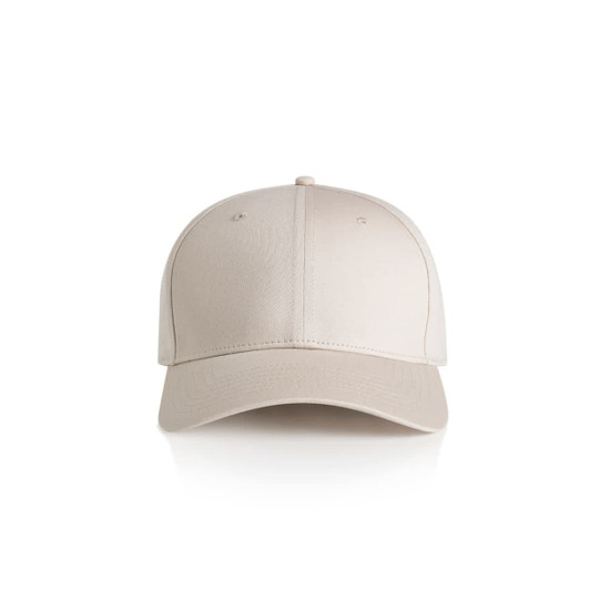 A beige cap with a structured design and a logo on the front.