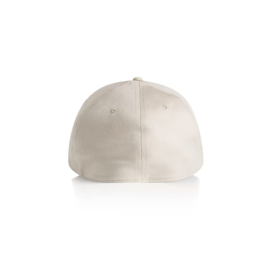 A beige cap with a curved brim and a logo present, showcased from the back.