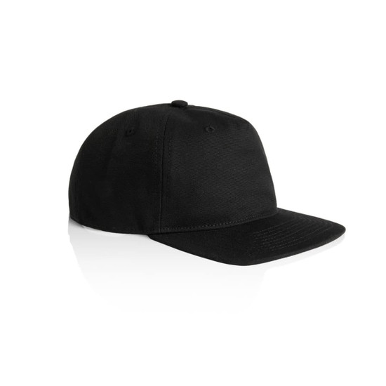 A black cap with a flat brim and an adjustable strap at the back, featuring a logo.