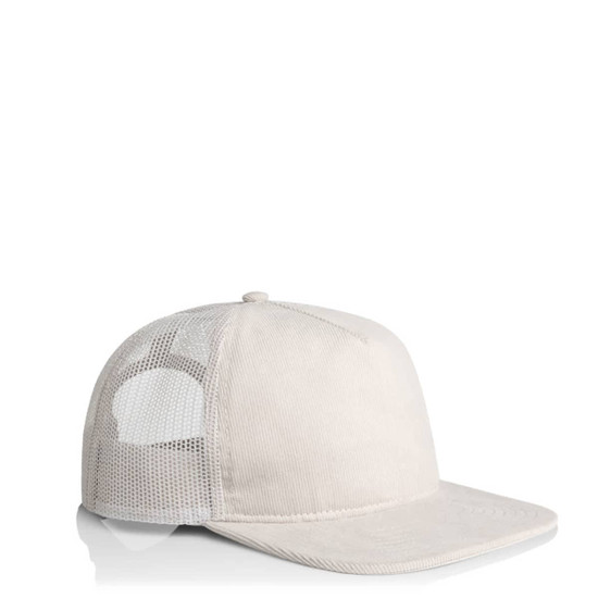 A beige trucker cap with a mesh back and a rounded brim. It features a logo on the front.