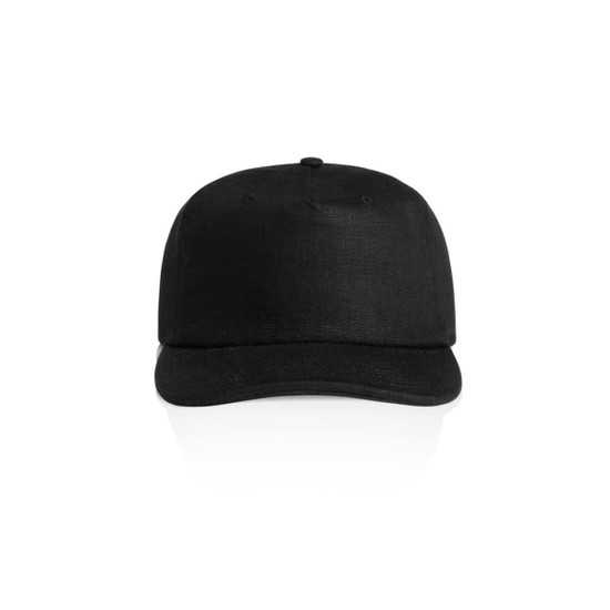 A black cap with a flat brim and a structured crown, featuring a logo on the front.