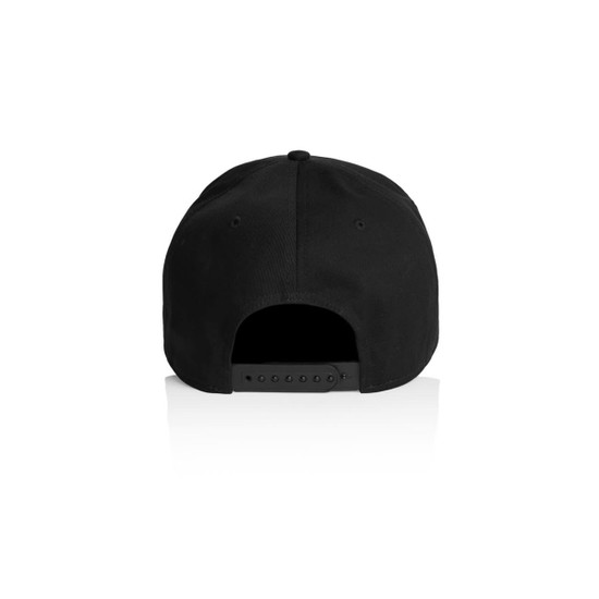 A black cap featuring a snapback closure and a plain design with no visible branding.