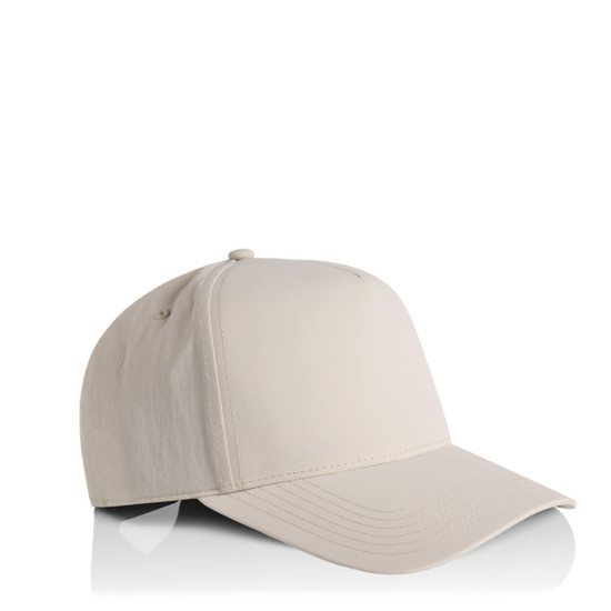 A beige nylon cap with a structured front and extended brim, featuring a logo. Ideal for casual wear.