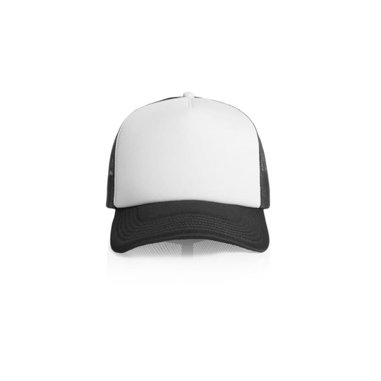 A two-tone trucker cap featuring a white front panel and black brim, with mesh side panels and a logo.