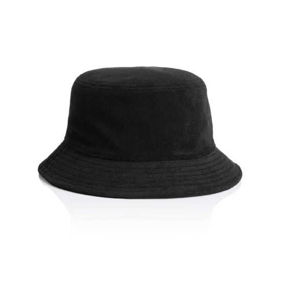 A black Terry Bucket Hat with a wide brim and a soft fabric texture, featuring a logo.