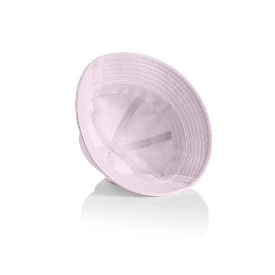 A light purple brim bucket hat with a textured interior and a logo on the side.