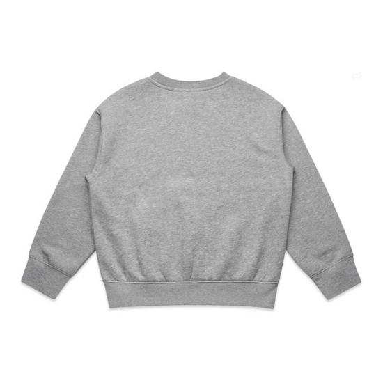 A grey jumper with a crew neck and long sleeves, featuring a fitted waistband and a branding logo.