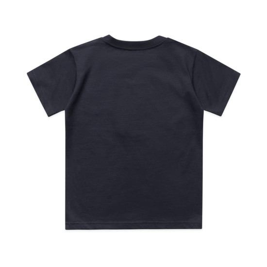 A kids' classic tee in dark grey, featuring a solid back and a simple design. It includes a logo.