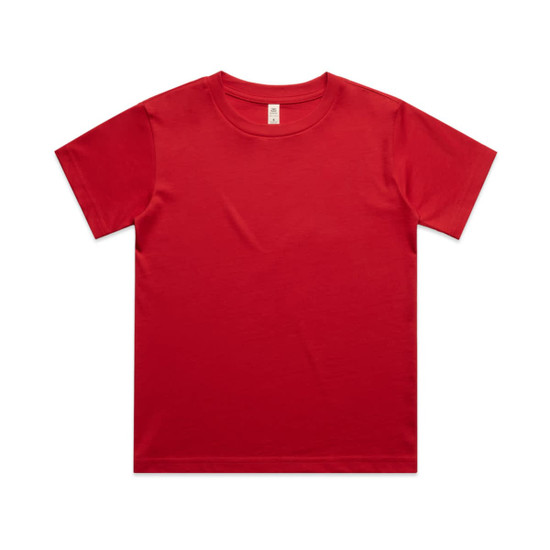A red classic t-shirt featuring a round neck and short sleeves. The shirt has a logo on the label.