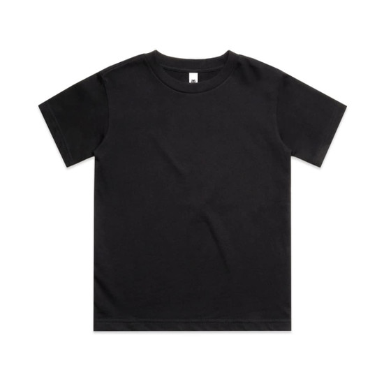 A black youth classic tee shirt featuring short sleeves and a round neckline. It has a small logo on the label.