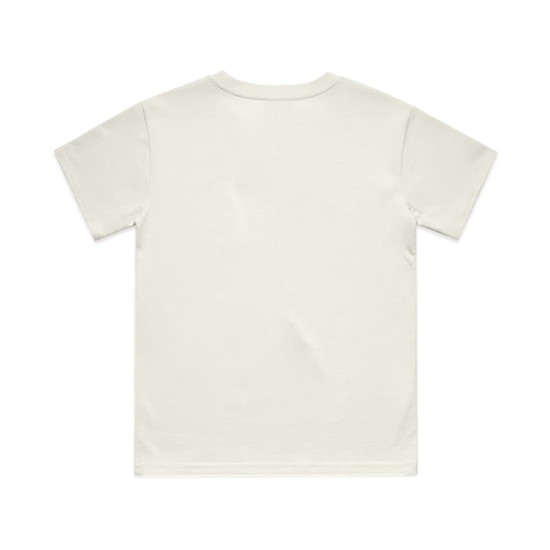 A plain white youth classic tee with a crew neckline and short sleeves, featuring a logo on the back.