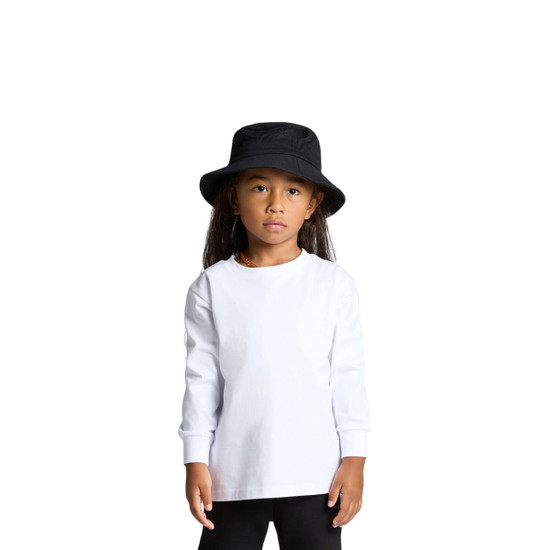 A child wearing a long-sleeve white tee and a black bucket hat, paired with black leggings.