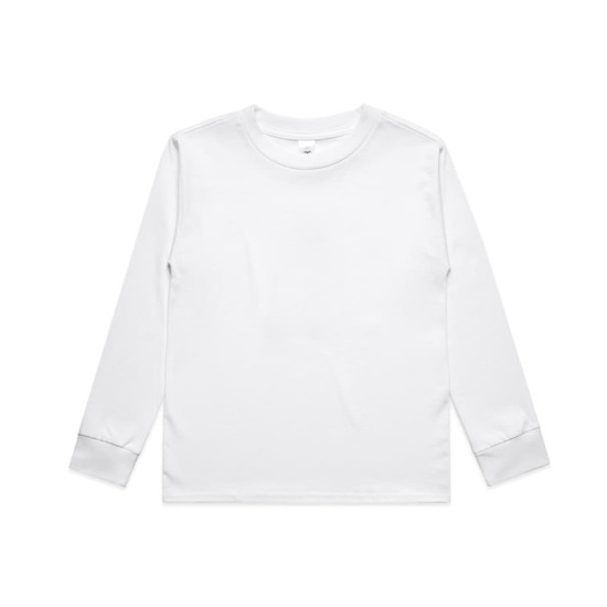 A long-sleeve white T-shirt features a crew neck and ribbed cuffs, with a simple design and branding.
