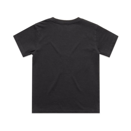 A faded black kids' t-shirt with a classic short sleeve design and a simple logo on the front.