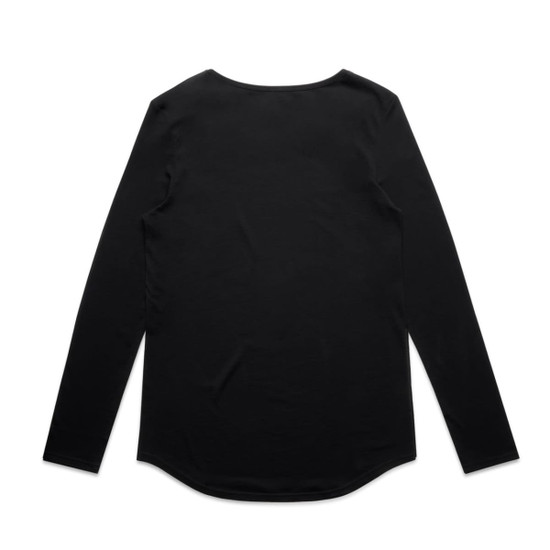 A black long-sleeve tee with a rounded neckline and a curved hem, featuring a logo.