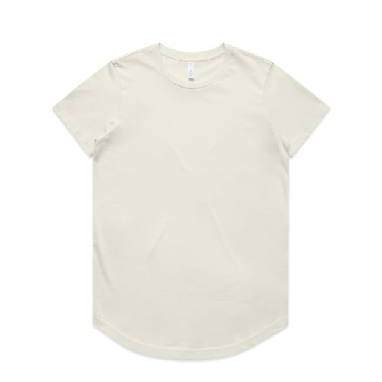 A light green T-shirt with a rounded hem and short sleeves, featuring a subtle logo.